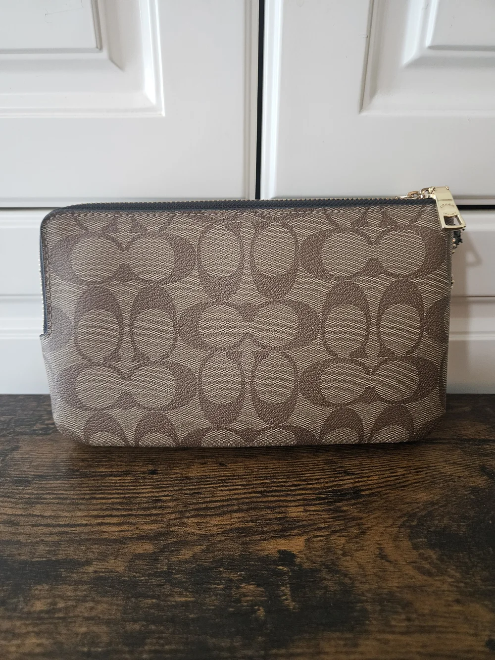 Coach F16109 Brown Signature Coated Canvas Double Zip Wristlet Pouch Wallet Y2k